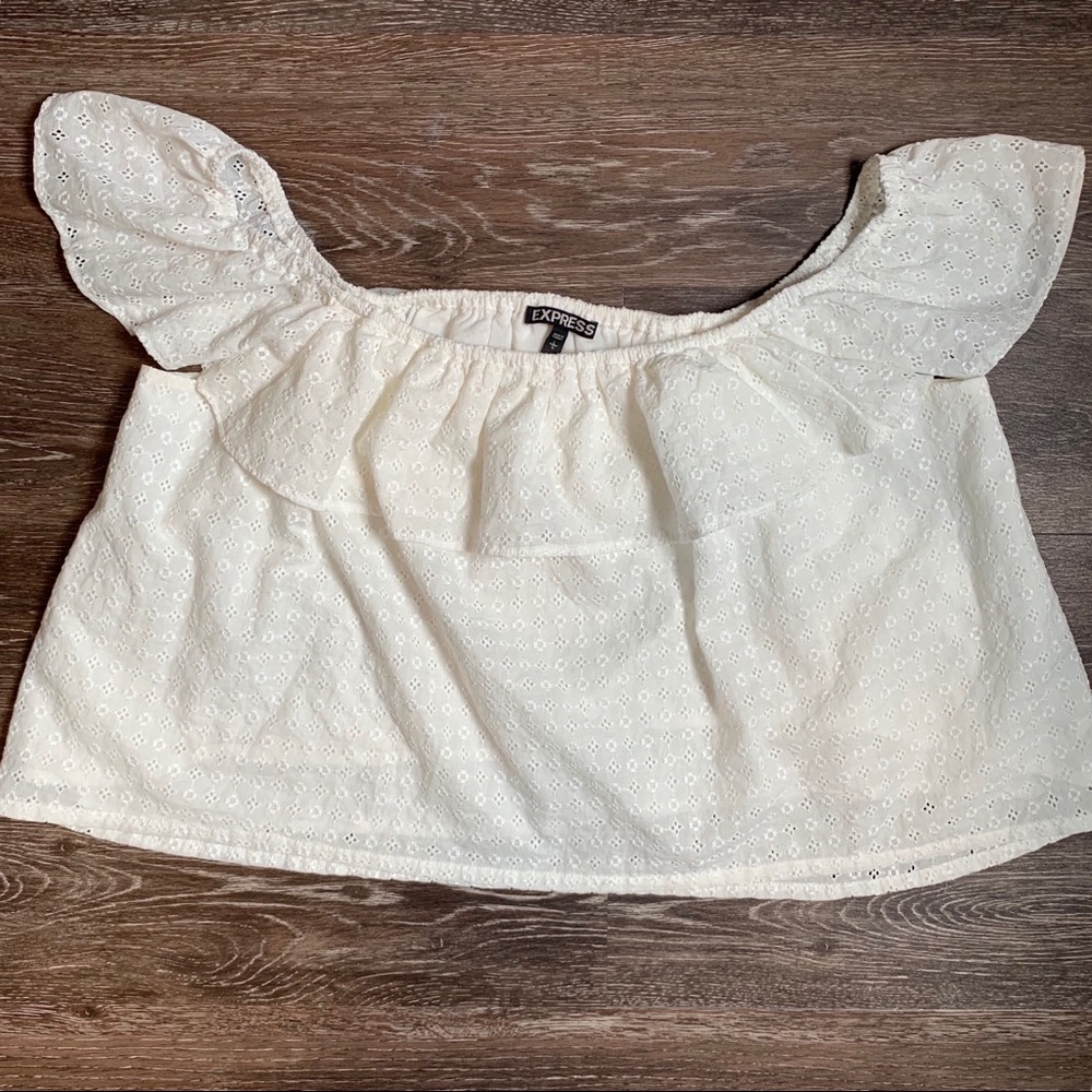 Express Off Shoulder White Eyelet Lace Top L